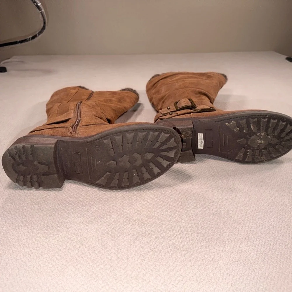Torrid Slouchy Tall Boots 7W Womens Cognac Faux Leather Knit Cuff Buckle Detail